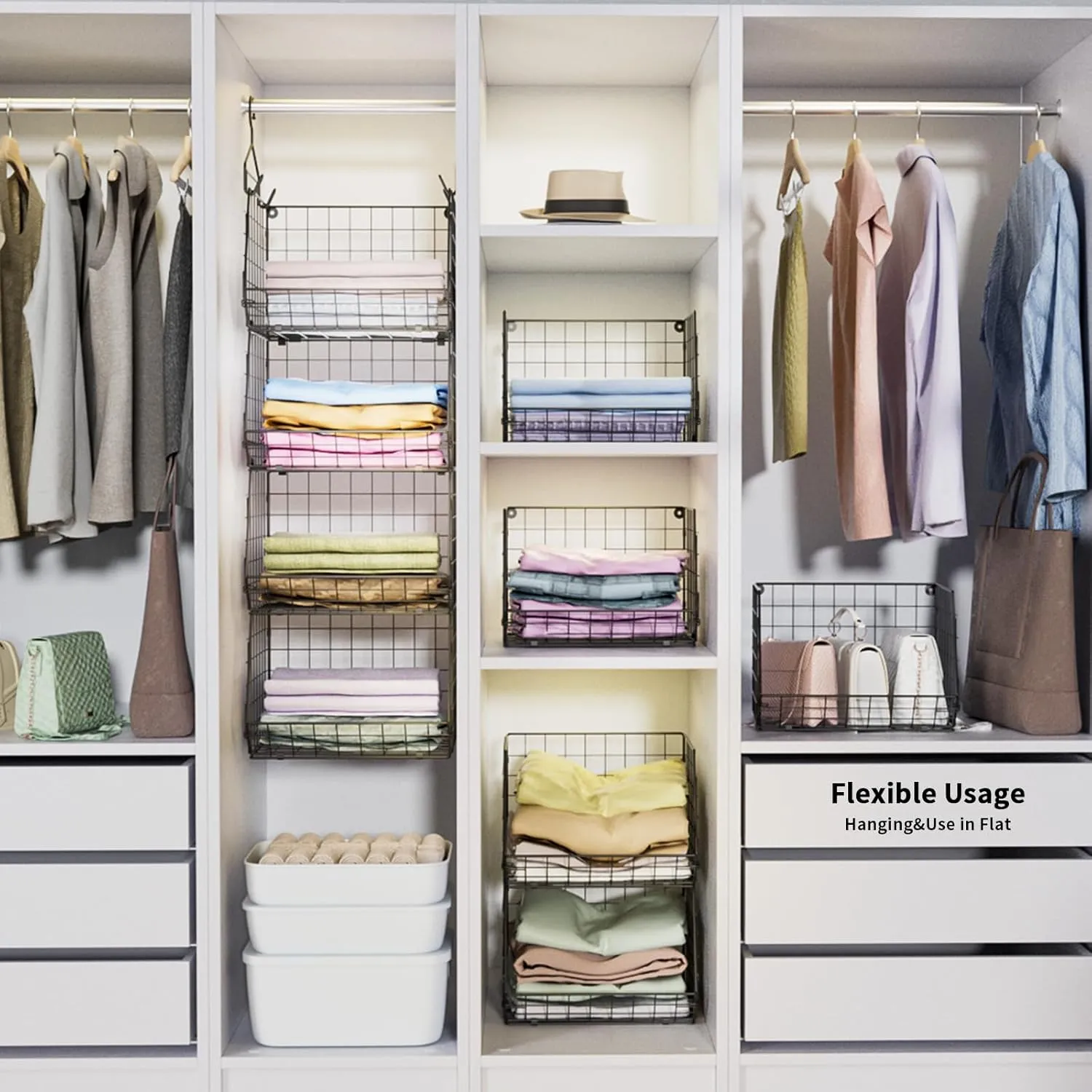 4 Tier Closet Hanging Organizer, Closet Organizers and Storage with 5 S Hooks, Closet Hanging Shelves & Freestanding Wire Storage Basket Bins, for Clothing Shoes Handbags Clutches Accessories Patent