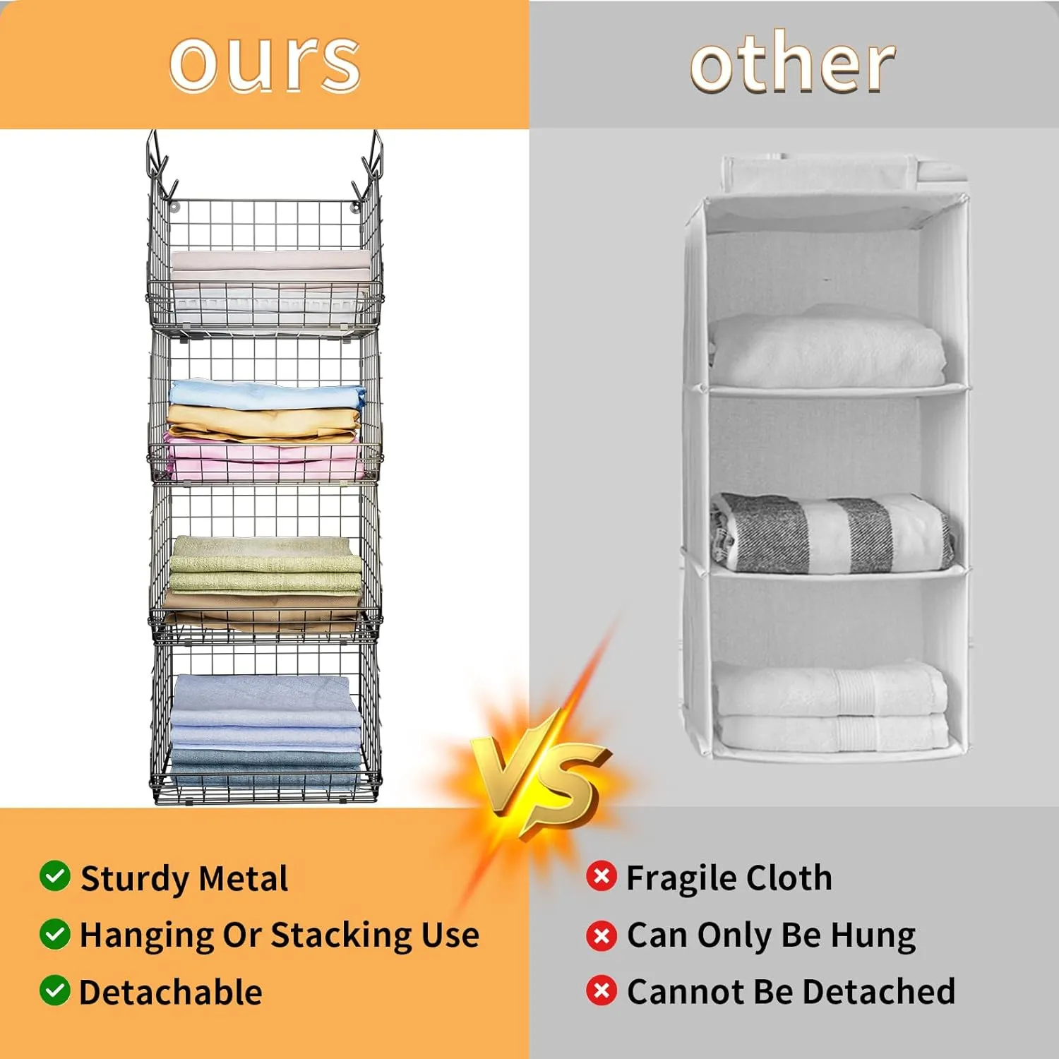 4 Tier Closet Hanging Organizer, Closet Organizers and Storage with 5 S Hooks, Closet Hanging Shelves & Freestanding Wire Storage Basket Bins, for Clothing Shoes Handbags Clutches Accessories Patent