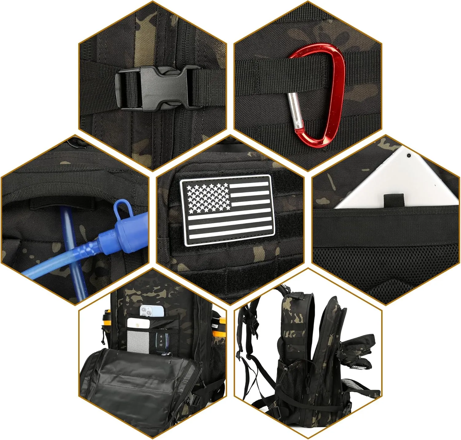 45L Tactical Assault Backpack 3 day assault pack with Molle Waterproof backpack Rucksack for Tactical Backpacks (Black Camo)