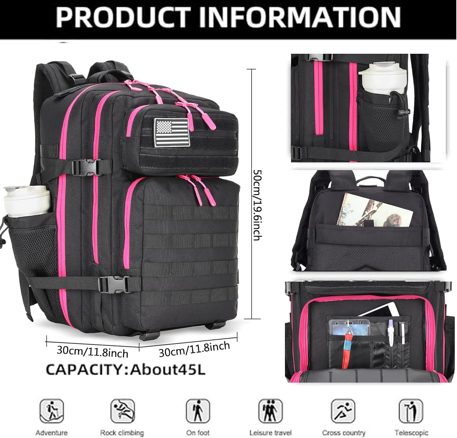 45L Tactical Assault Backpack 3 day assault pack with Molle Waterproof backpack Rucksack for Tactical Backpacks (Black Rose)