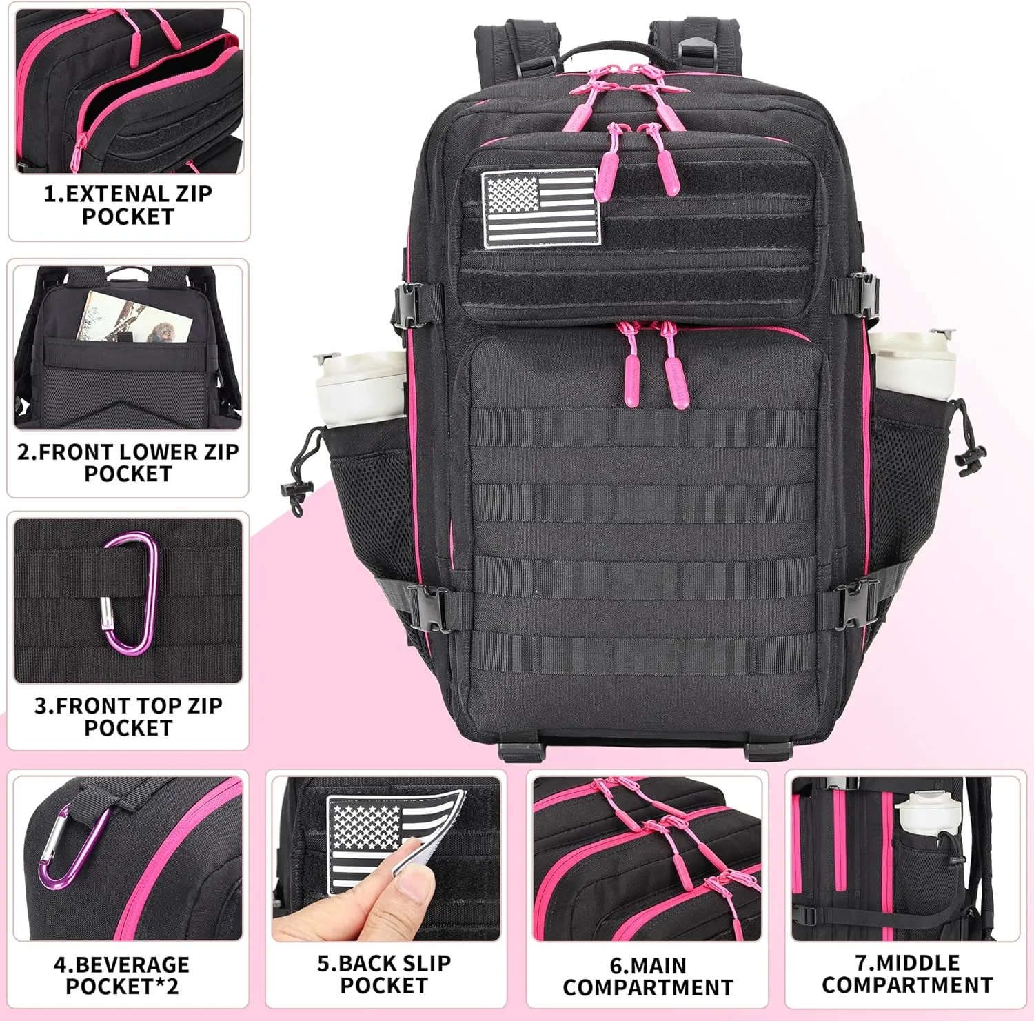 45L Tactical Assault Backpack 3 day assault pack with Molle Waterproof backpack Rucksack for Tactical Backpacks (Black Rose)