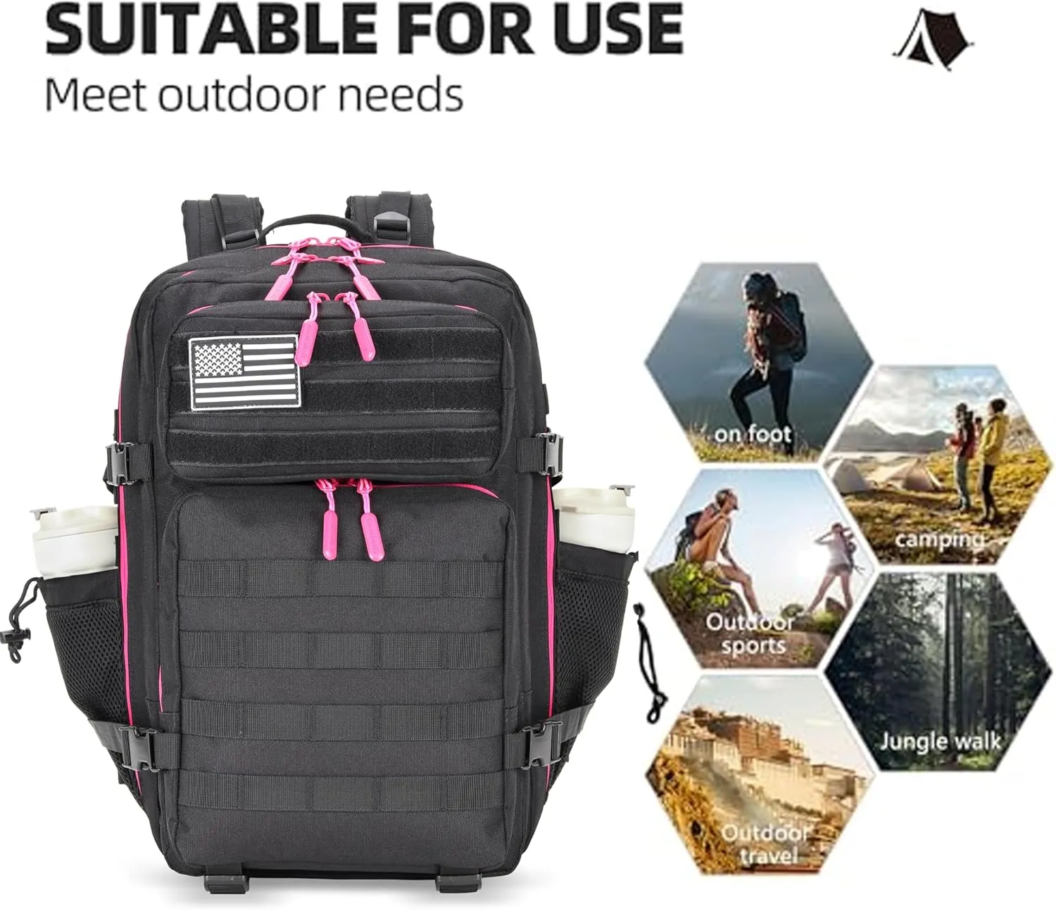 45L Tactical Assault Backpack 3 day assault pack with Molle Waterproof backpack Rucksack for Tactical Backpacks (Black Rose)
