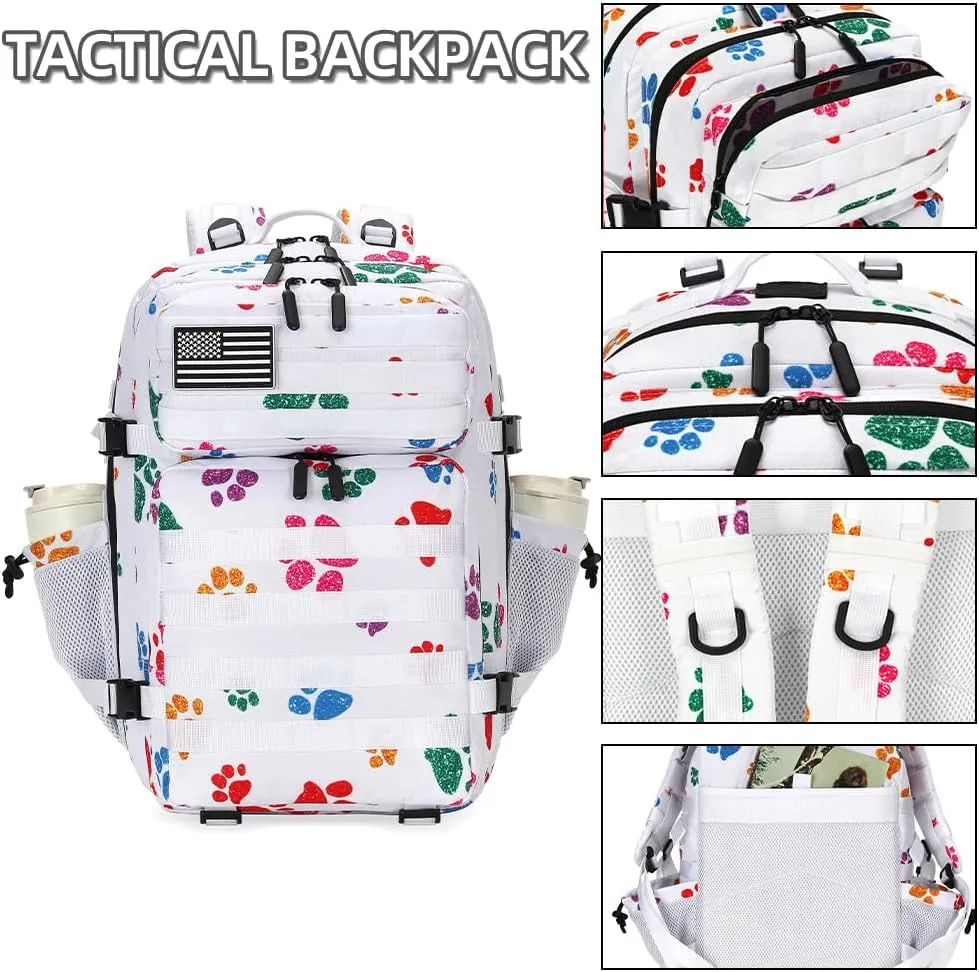 45L Tactical Assault Backpack 3 day assault pack with Molle Waterproof backpack Rucksack for Tactical Backpacks (Colorful paw prints)