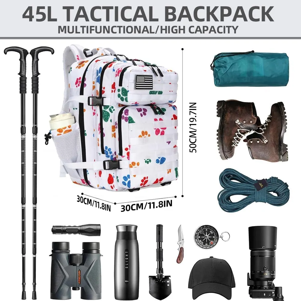 45L Tactical Assault Backpack 3 day assault pack with Molle Waterproof backpack Rucksack for Tactical Backpacks (Colorful paw prints)