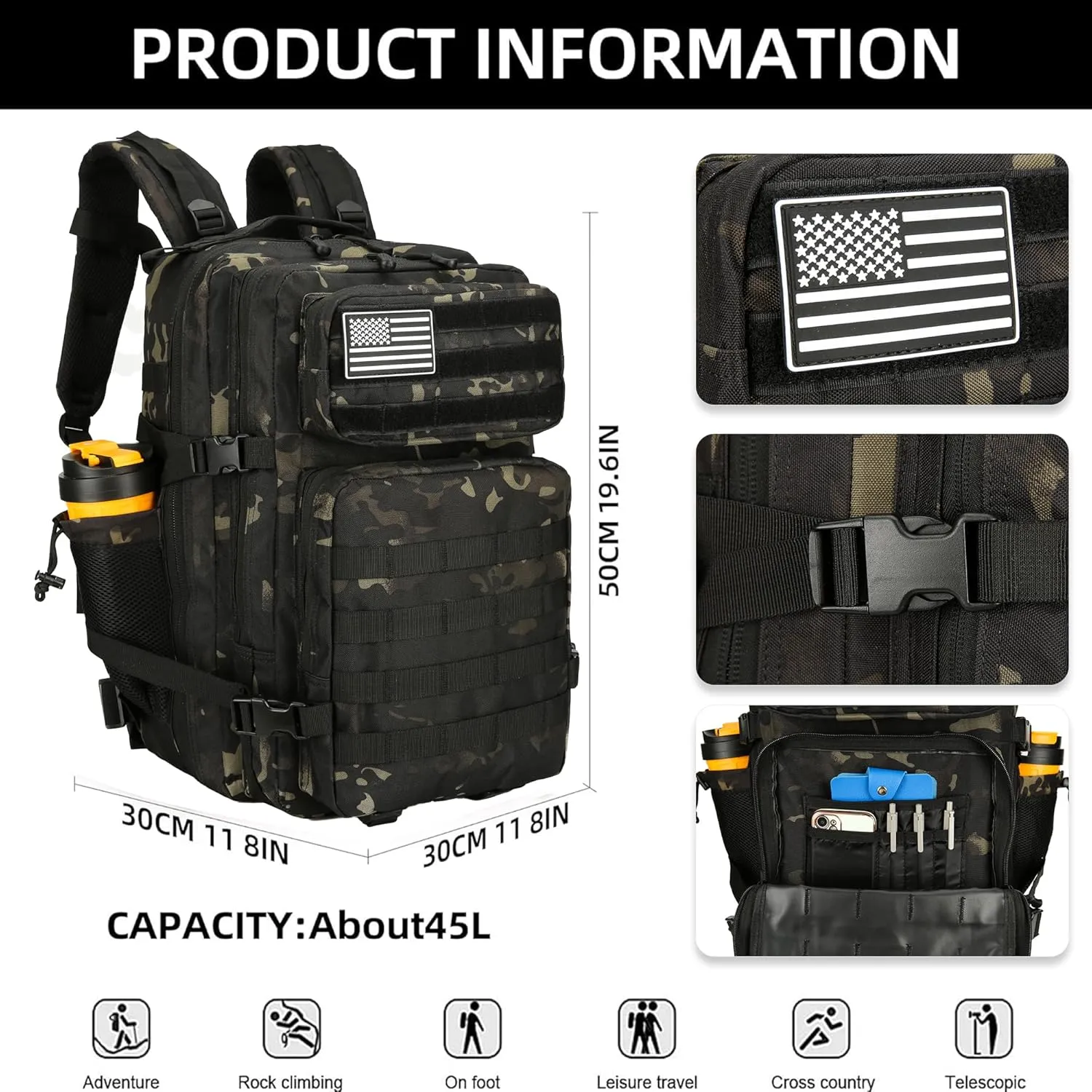 45L Tactical Assault Backpack 3 day assault pack with Molle Waterproof backpack Rucksack for Tactical Backpacks