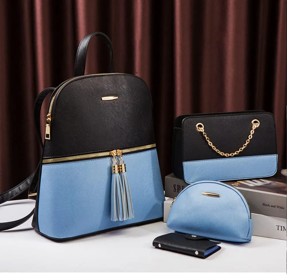 4Pcs Backpack and Purse Sets for Women Vegan Leather Handbags Chain Satchel Crossbody Shoulder Bag Belt Bag Clutch Wallet-Blue