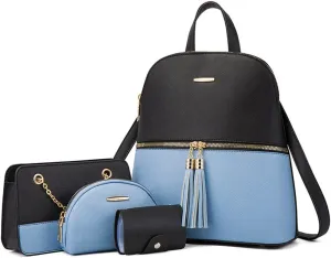 4Pcs Backpack and Purse Sets for Women Vegan Leather Handbags Chain Satchel Crossbody Shoulder Bag Belt Bag Clutch Wallet-Blue