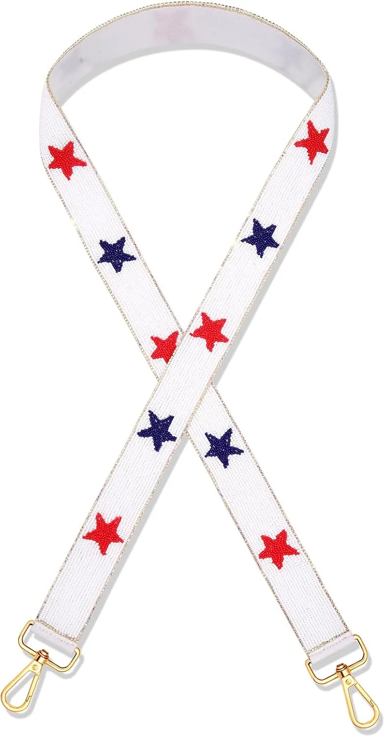 4th of July Beaded Purse Strap Red White and Blue American Flag Star Crossbody Bag Strap for Stadium Bag 4th of July Accessories Outfits (Style C)