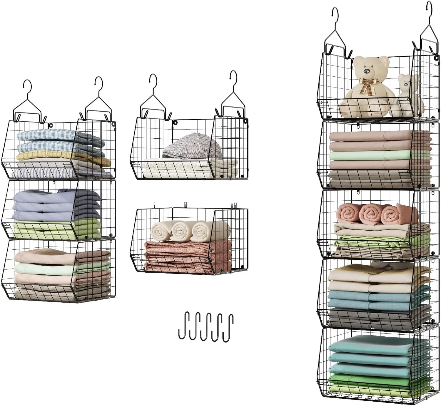 5 Tier Closet Hanging Organizer, Clothes Hanging Shelves with 4 Hanging Hooks 5 S Hooks, Wire Storage Basket Bins, for Clothing Sweaters Shoes Handbags Clutches Accessories Patent Design