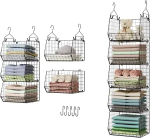 5 Tier Closet Hanging Organizer, Clothes Hanging Shelves with 4 Hanging Hooks 5 S Hooks, Wire Storage Basket Bins, for Clothing Sweaters Shoes Handbags Clutches Accessories Patent Design