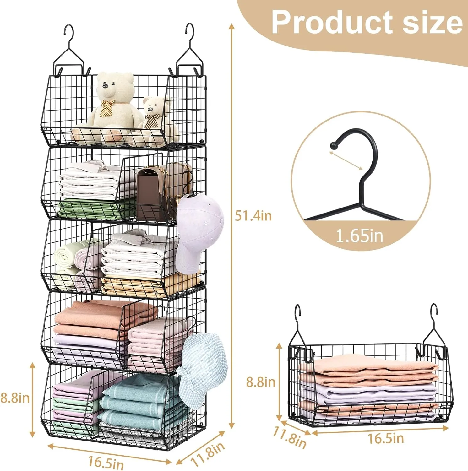 5 Tier Closet Hanging Organizer with 5 Dividers,Extra Large Closet Hanging Shelves with 5 S Hooks,Closet Organizers and Storage,Clothes Organizer for Sweaters Clutches Handbags Hats Accessories-Black