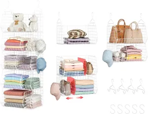5 Tier Closet Hanging Shelves with Divider,2 Pair Hook,Extra Large Closets Organizers and Storage,Clothes Organizer Clothing Sweaters Shoes Handbags Clutches Accessories-White