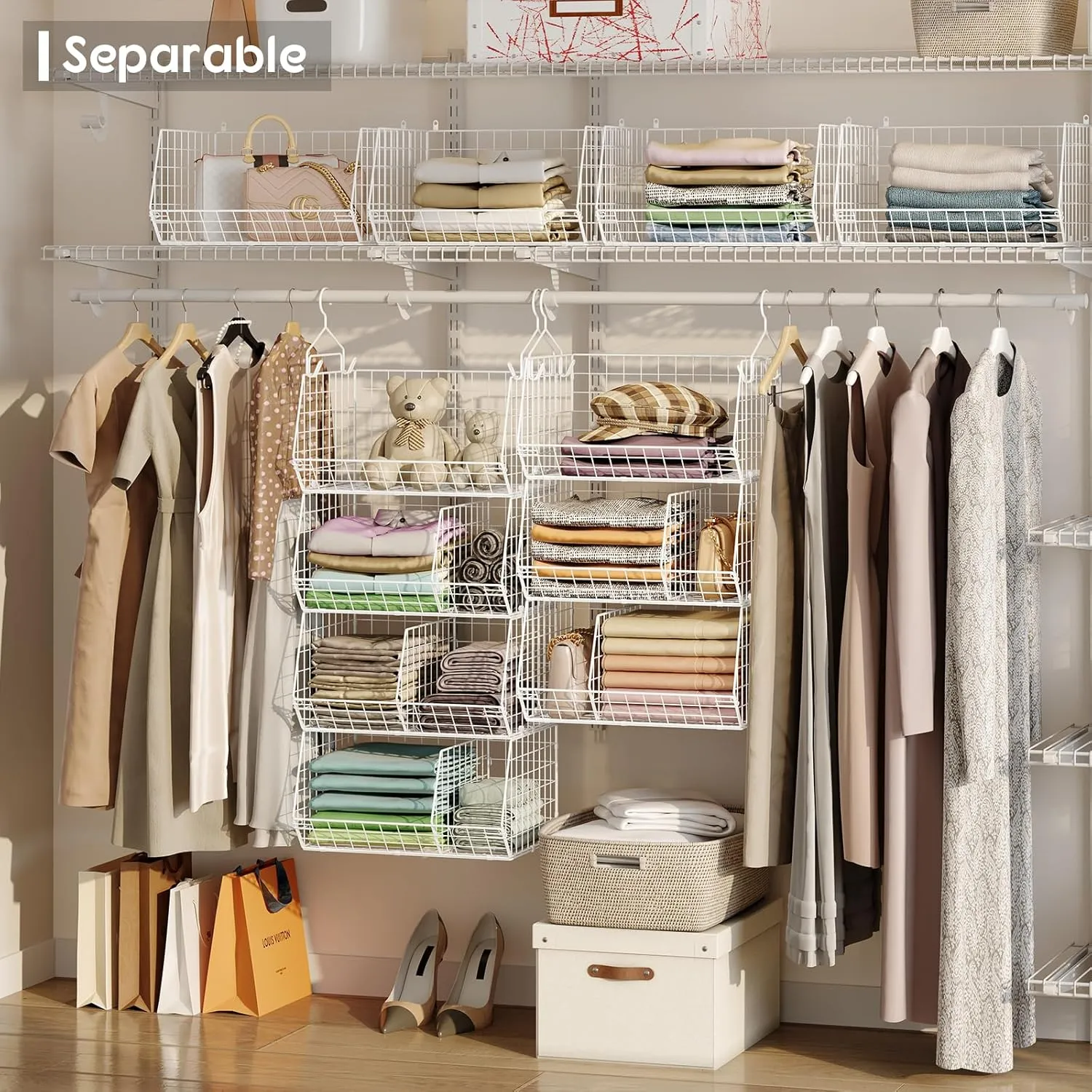 5 Tier Closet Hanging Shelves with Divider,2 Pair Hook,Extra Large Closets Organizers and Storage,Clothes Organizer Clothing Sweaters Shoes Handbags Clutches Accessories-White