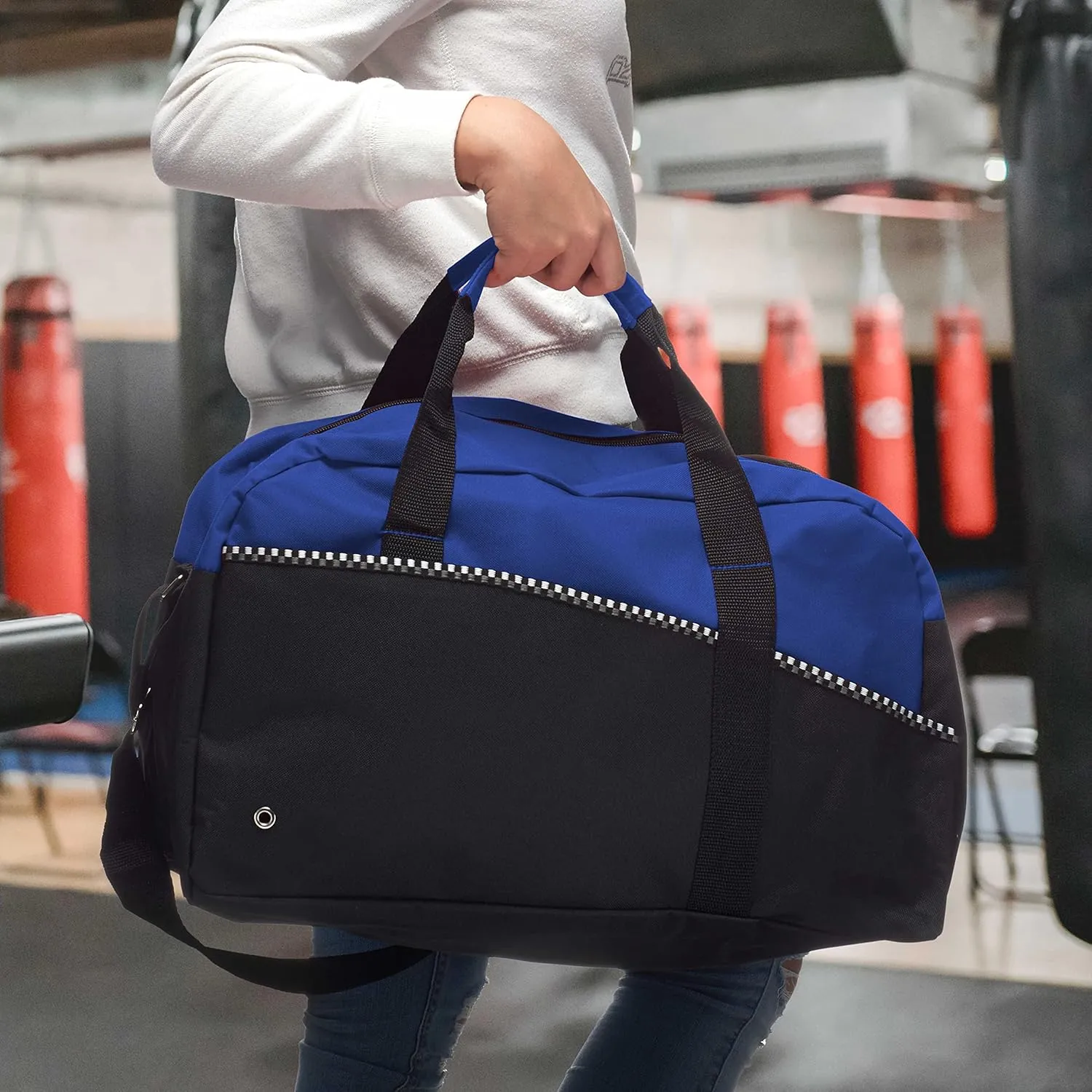 6 Center Court Duffel Bags Set - Polyester, Zippered, Front Pocket, Adjustable Strap - Blue