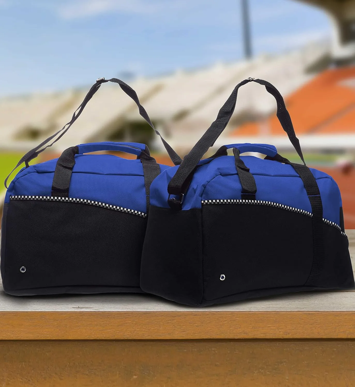 6 Center Court Duffel Bags Set - Polyester, Zippered, Front Pocket, Adjustable Strap - Blue