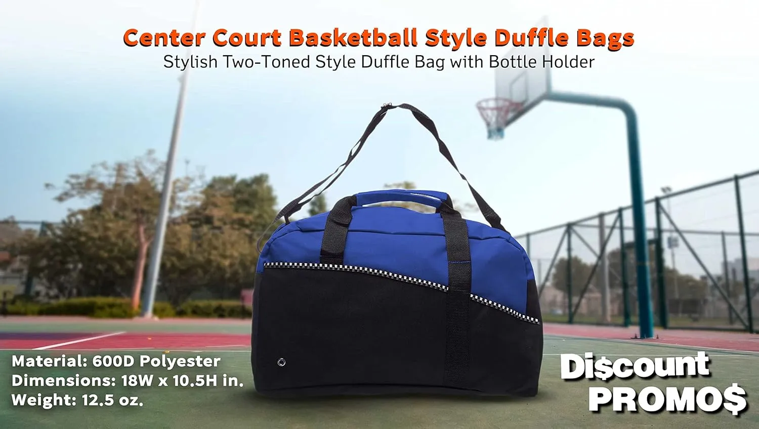 6 Center Court Duffel Bags Set - Polyester, Zippered, Front Pocket, Adjustable Strap - Blue