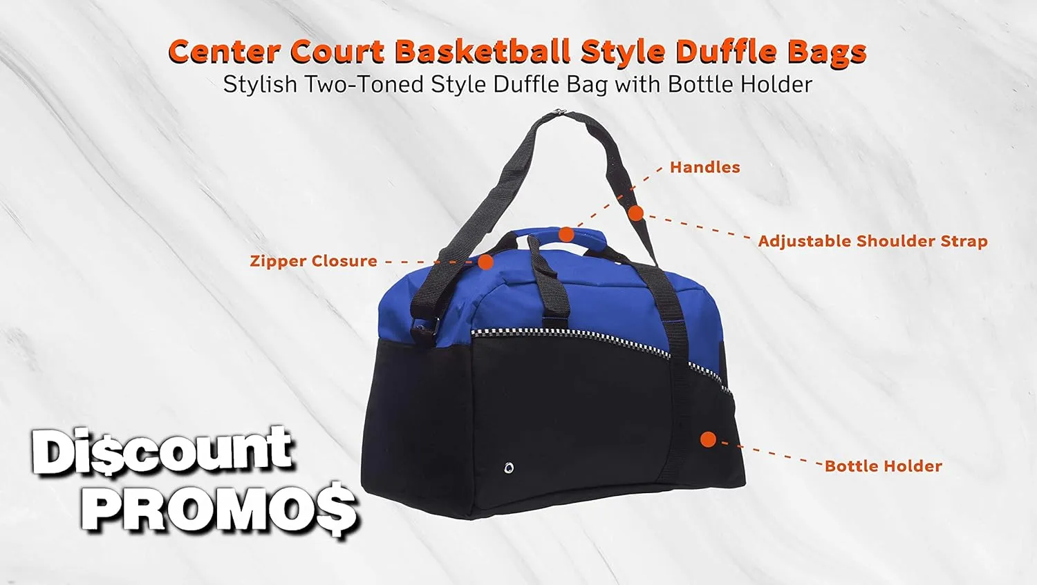 6 Center Court Duffel Bags Set - Polyester, Zippered, Front Pocket, Adjustable Strap - Blue