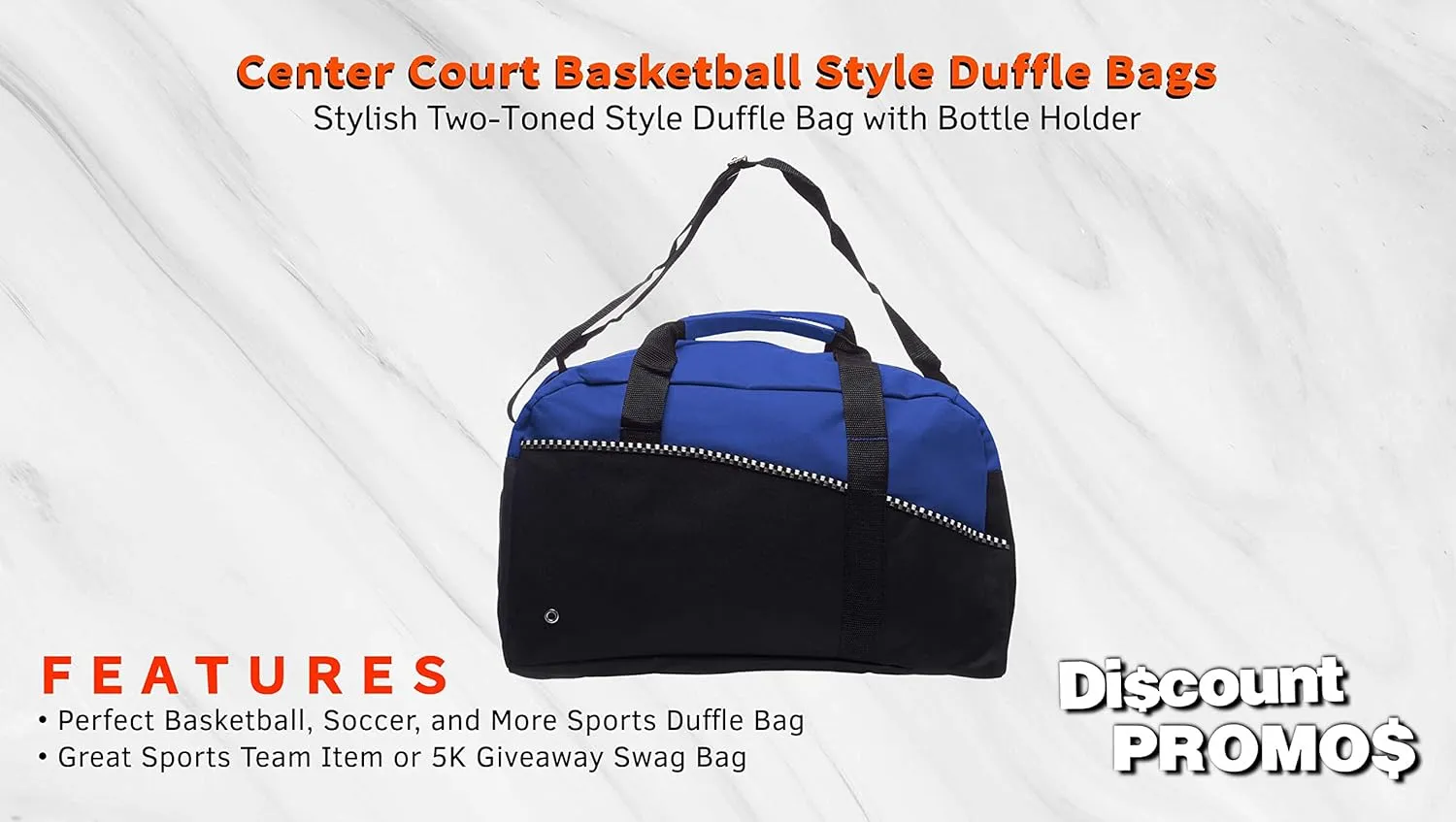 6 Center Court Duffel Bags Set - Polyester, Zippered, Front Pocket, Adjustable Strap - Blue