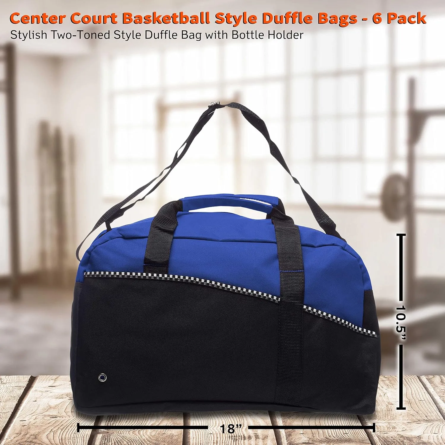6 Center Court Duffel Bags Set - Polyester, Zippered, Front Pocket, Adjustable Strap - Blue
