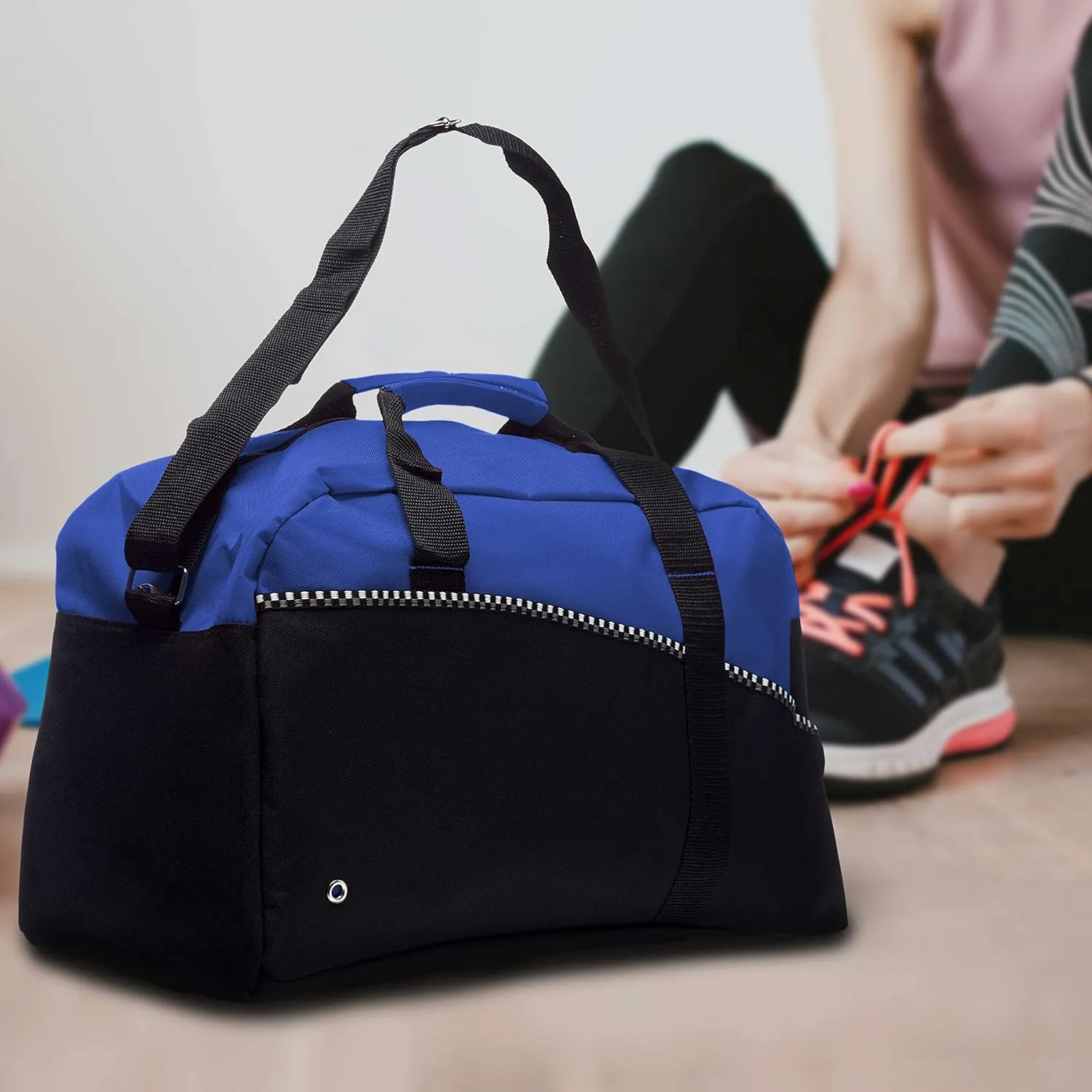 6 Center Court Duffel Bags Set - Polyester, Zippered, Front Pocket, Adjustable Strap - Blue