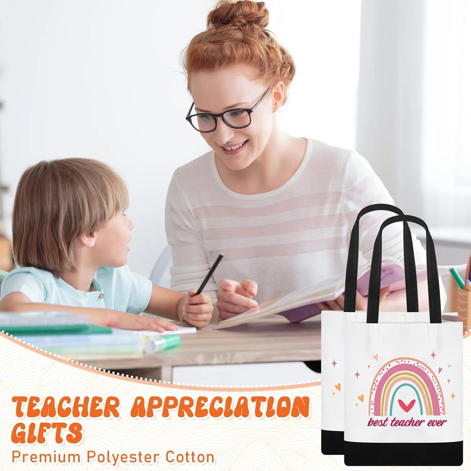 6 Pcs Back to School Teacher Appreciation Gifts Teacher Canvas Totes Bag Rainbow Shoulder Bag Thank You Gifts for Women