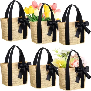6 Pcs Bridesmaid Straw Woven Tote Bags with Black Handles Ribbon Bow Reusable Beach Gift Bags Straw Purses Handbag for Women Wedding Summer Shopping Bachelorette Party