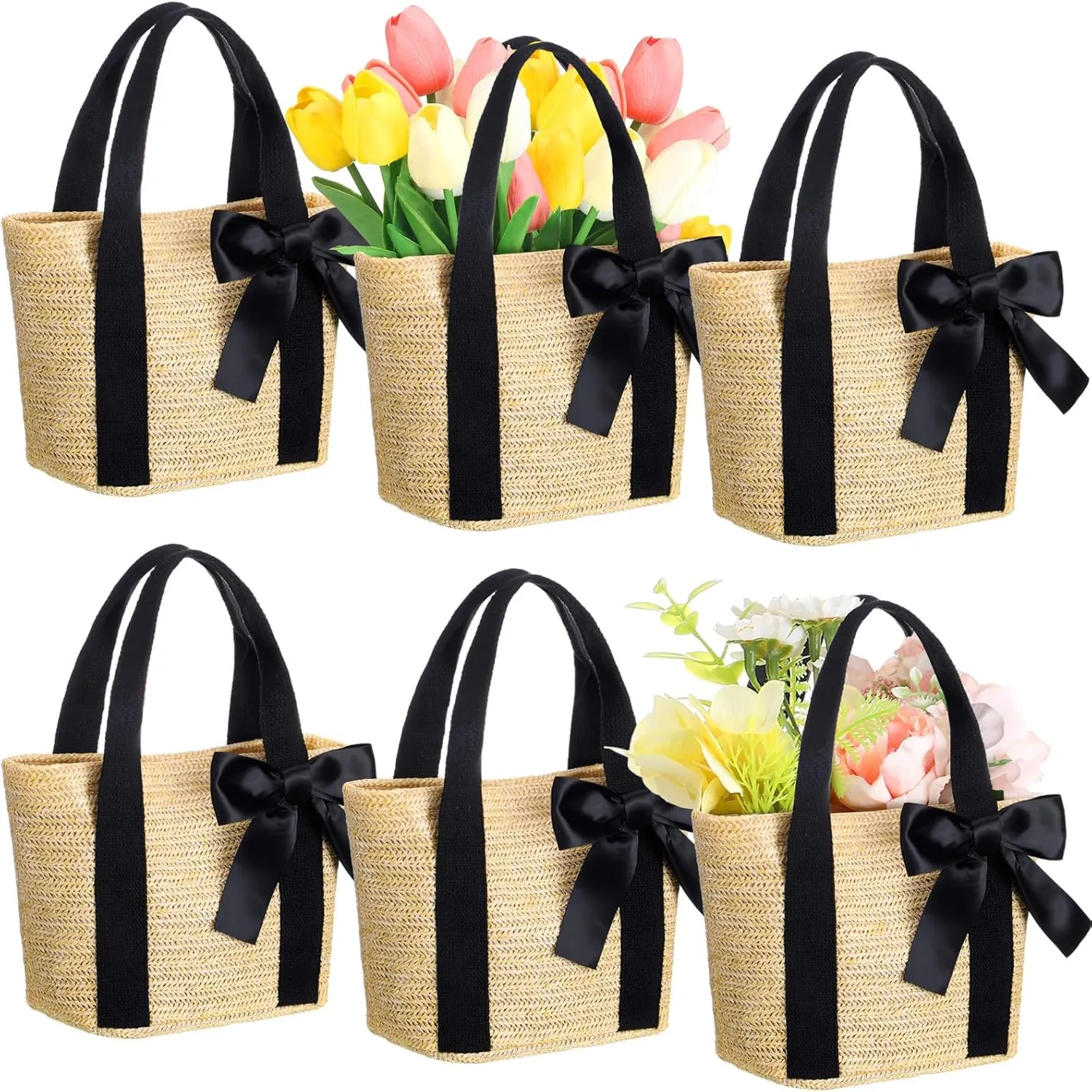 6 Pcs Bridesmaid Straw Woven Tote Bags with Black Handles Ribbon Bow Reusable Beach Gift Bags Straw Purses Handbag for Women Wedding Summer Shopping Bachelorette Party