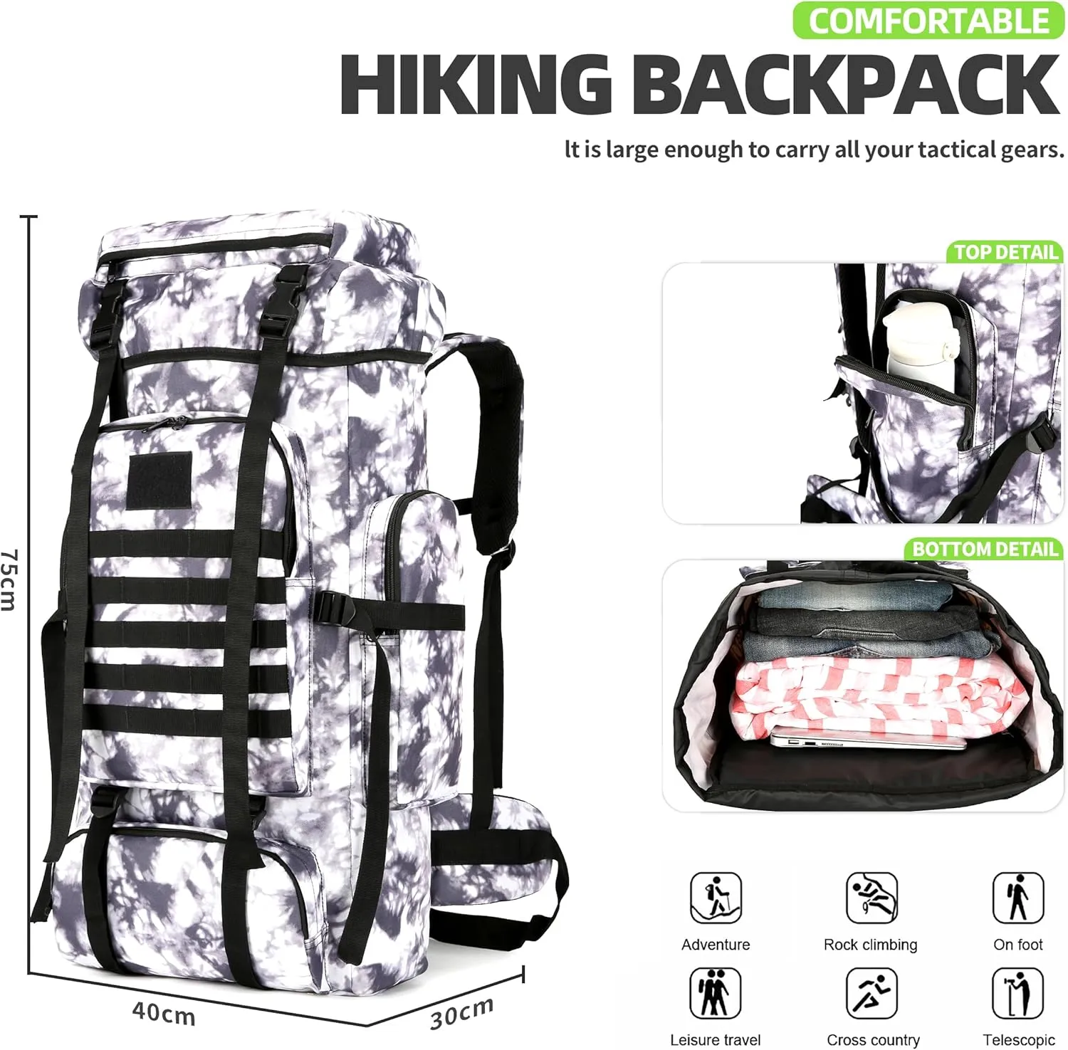 70L Hiking Backpacks Men Women Molle Army Assault Pack Tactical Bag Rucksack