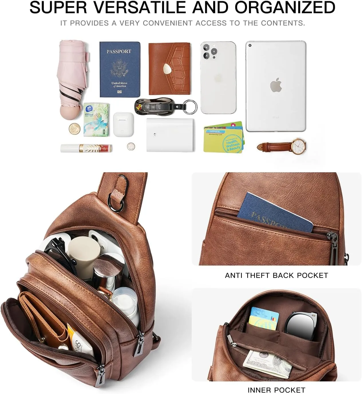 7L Sling Bag For Women Men Crossbody Shoulder Tote Blet Bags Backpack Fanny Pack Travel Purse Faux Leather