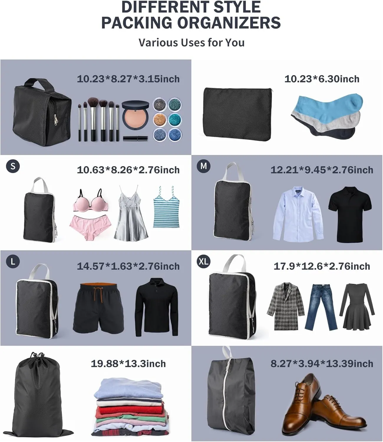 8 Set Packing Cubes for Travel - Double Zipper Compression Design, Space Saving, Sorting and Organizing Travel Luggage Items