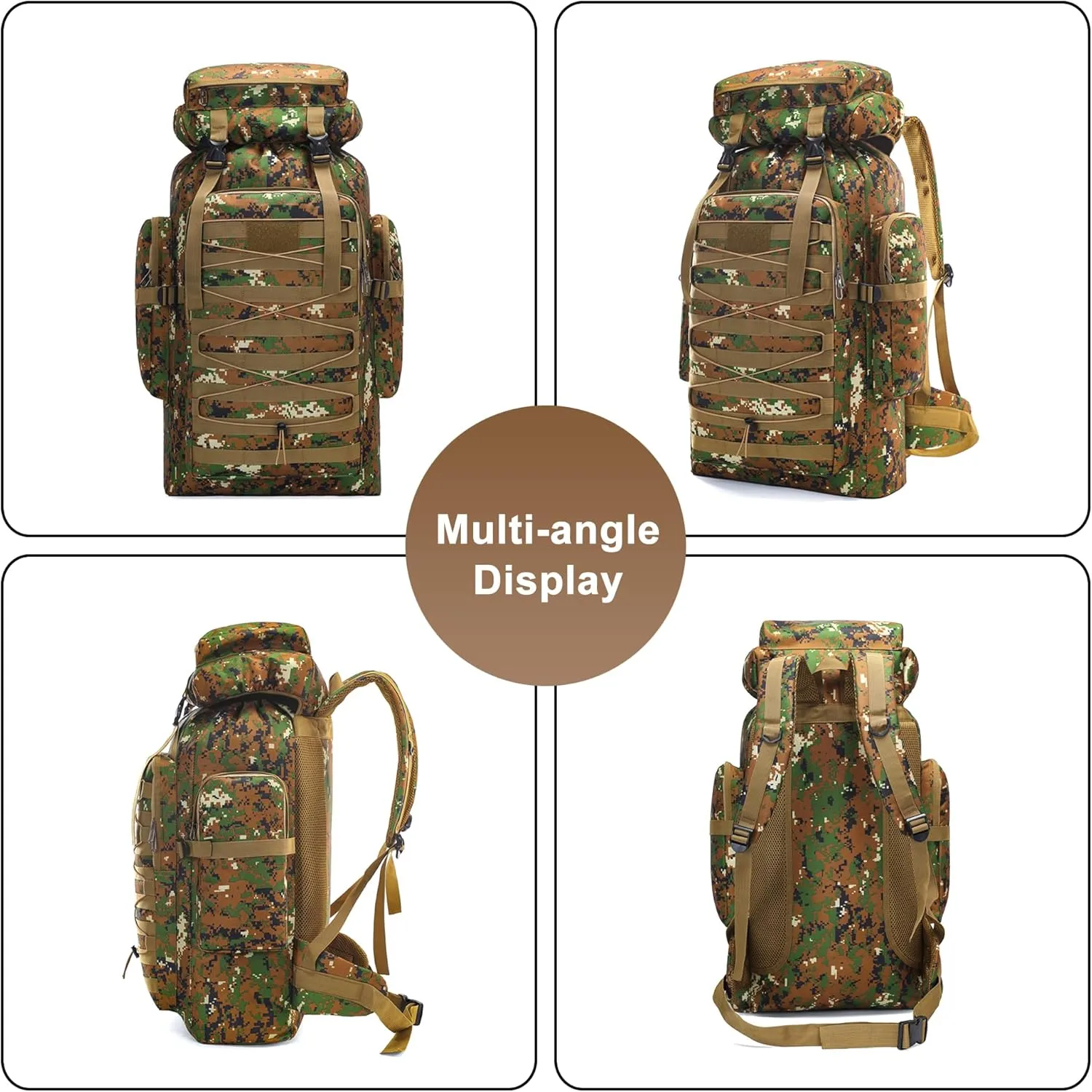 80L Outdoor Camping Backpack for Men Women, Large Capacity Polyester Tactical Rucksack Hiking Travel Duffel Bags (Brown)