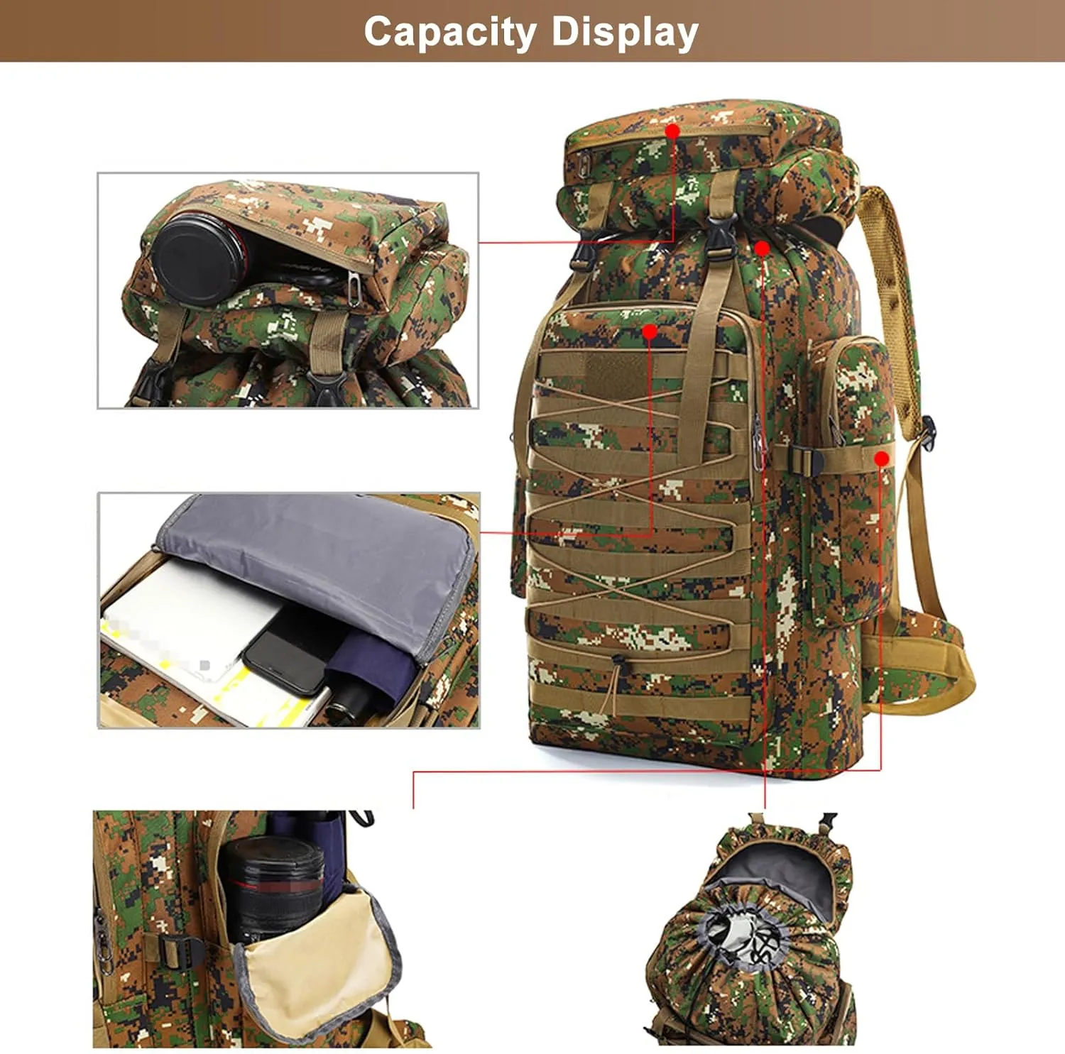 80L Outdoor Camping Backpack for Men Women, Large Capacity Polyester Tactical Rucksack Hiking Travel Duffel Bags (Brown)