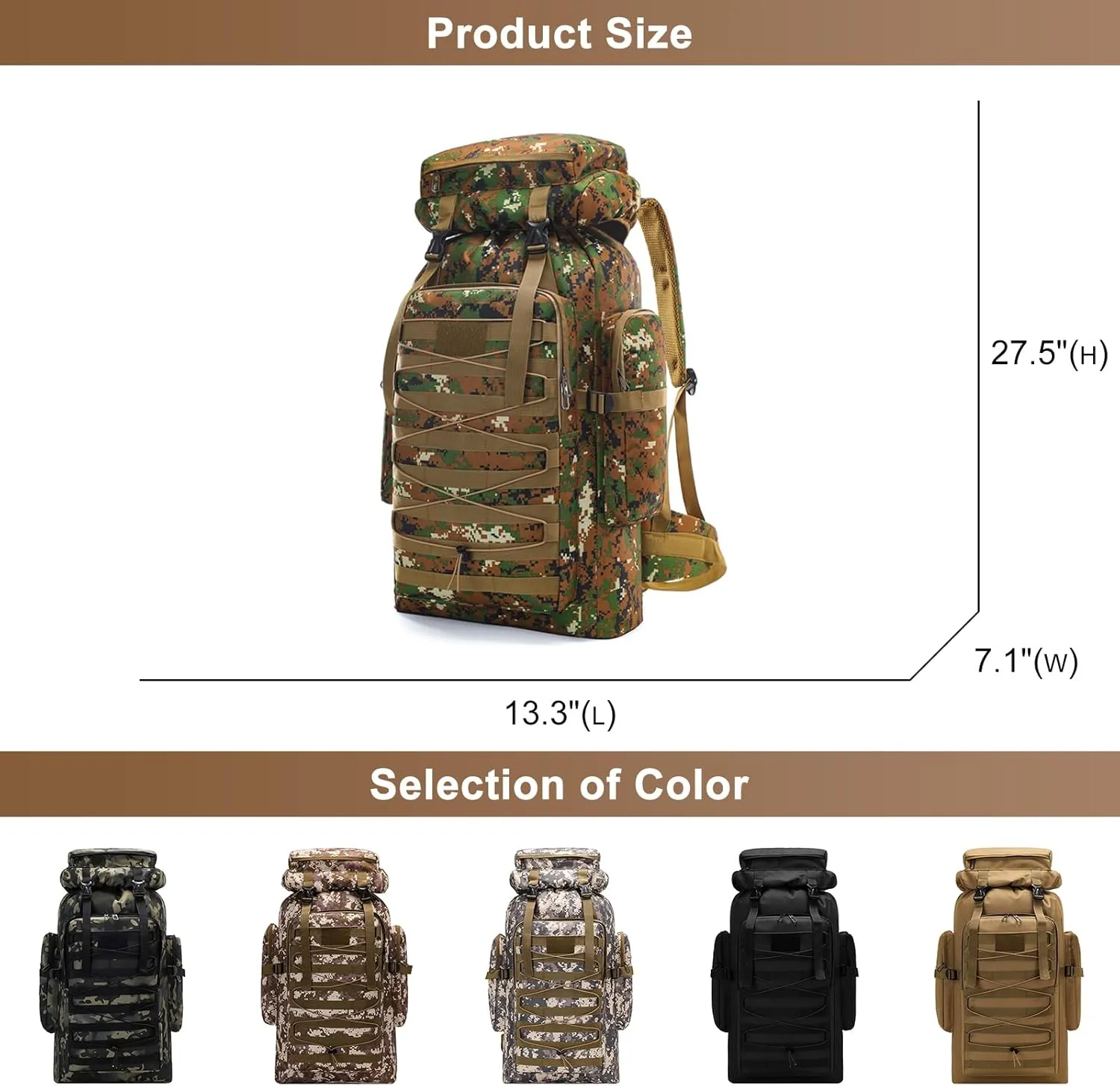 80L Outdoor Camping Backpack for Men Women, Large Capacity Polyester Tactical Rucksack Hiking Travel Duffel Bags (Brown)