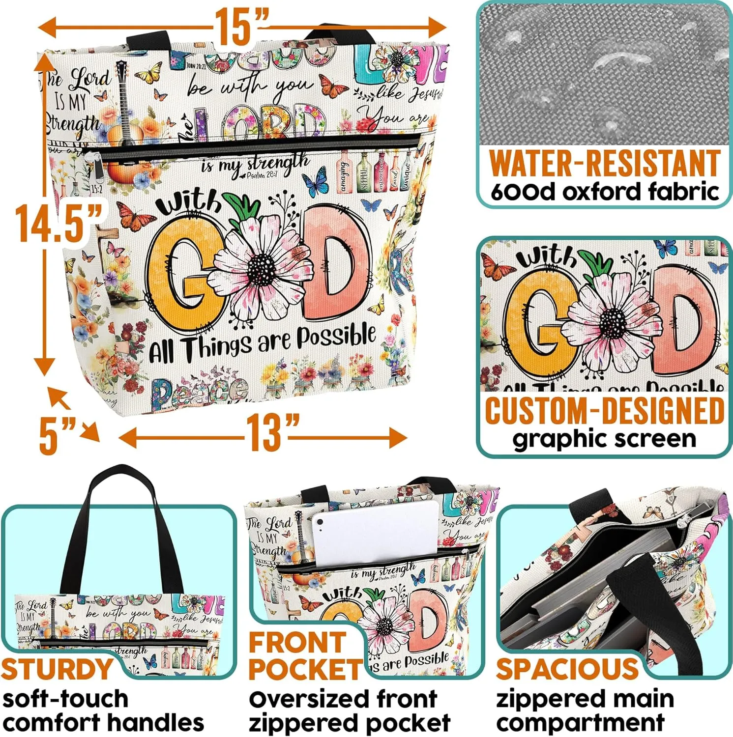 84hoods 15 inch Large Tote Bag for Work for Women. Christian Faith, Jesus God Religious Gift. Waterproof Shoulder Bag.