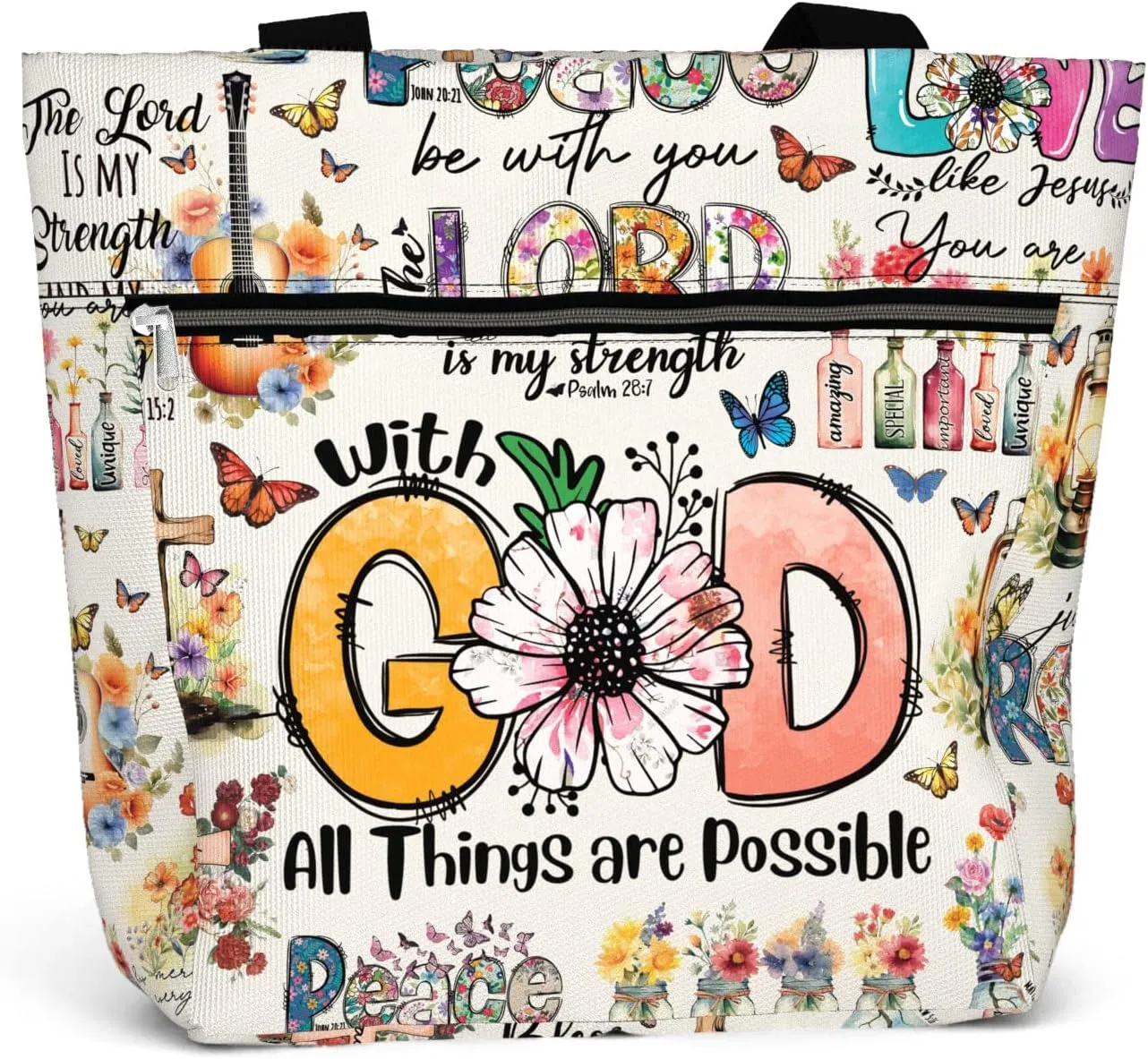 84hoods 15 inch Large Tote Bag for Work for Women. Christian Faith, Jesus God Religious Gift. Waterproof Shoulder Bag.