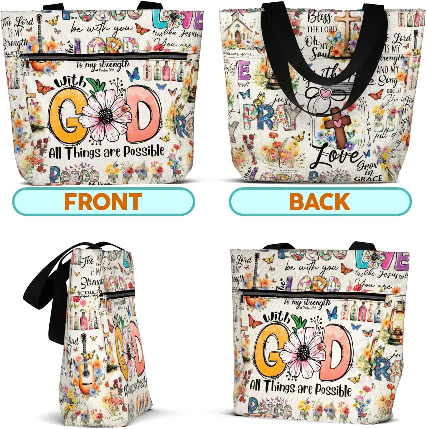 84hoods 15 inch Large Tote Bag for Work for Women. Christian Faith, Jesus God Religious Gift. Waterproof Shoulder Bag.