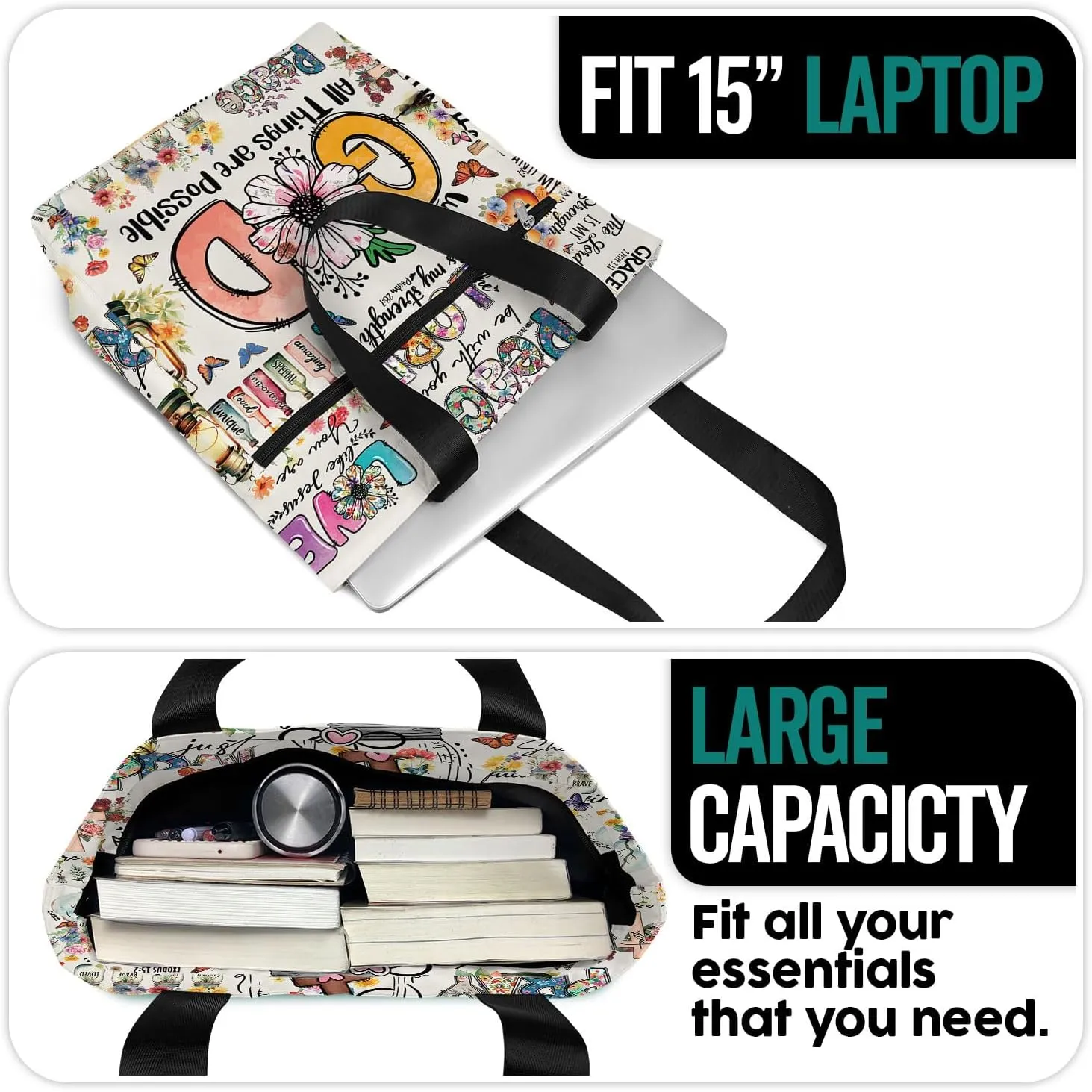 84hoods 15 inch Large Tote Bag for Work for Women. Christian Faith, Jesus God Religious Gift. Waterproof Shoulder Bag.