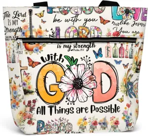 84hoods 15 inch Large Tote Bag for Work for Women. Christian Faith, Jesus God Religious Gift. Waterproof Shoulder Bag.