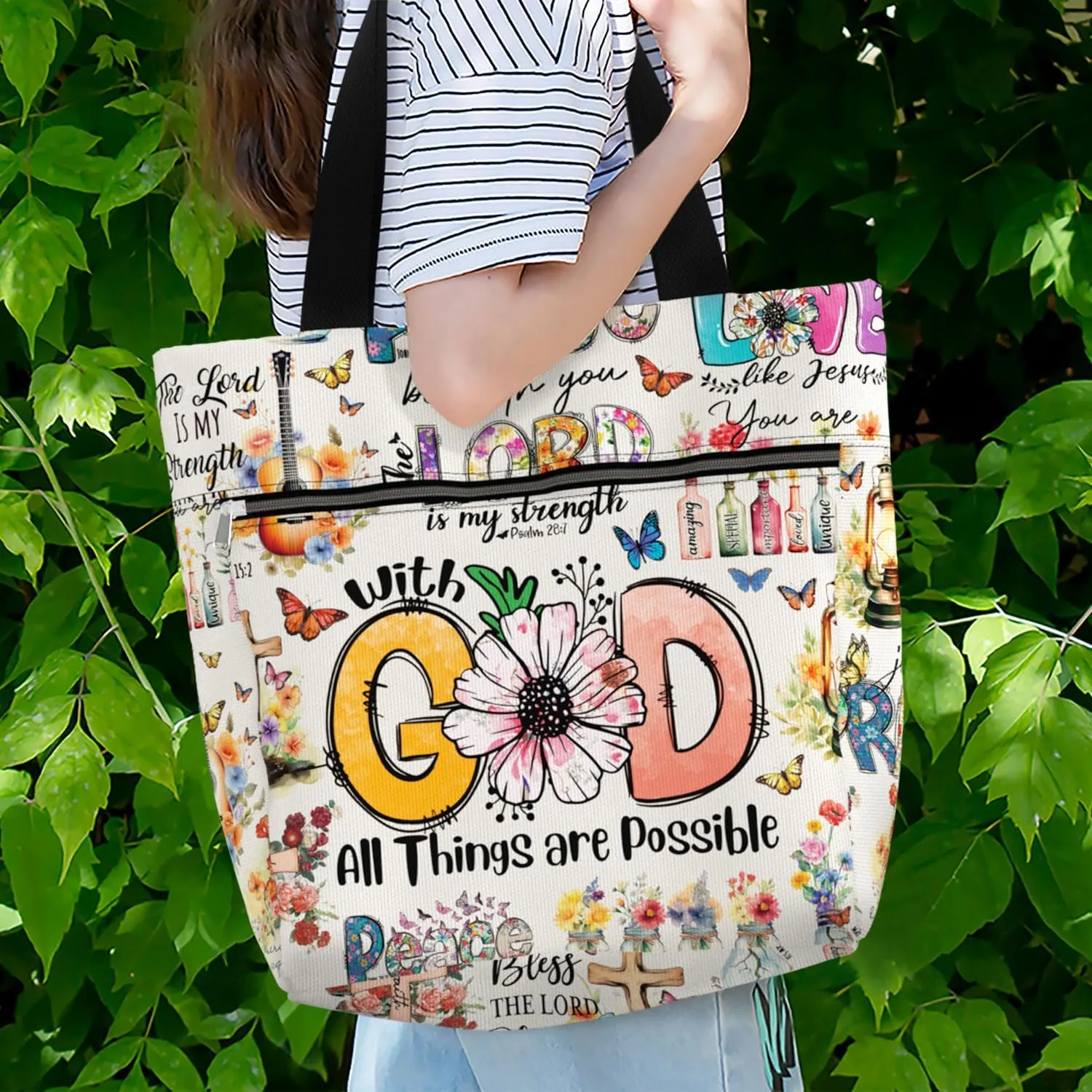 84hoods 15 inch Large Tote Bag for Work for Women. Christian Faith, Jesus God Religious Gift. Waterproof Shoulder Bag.