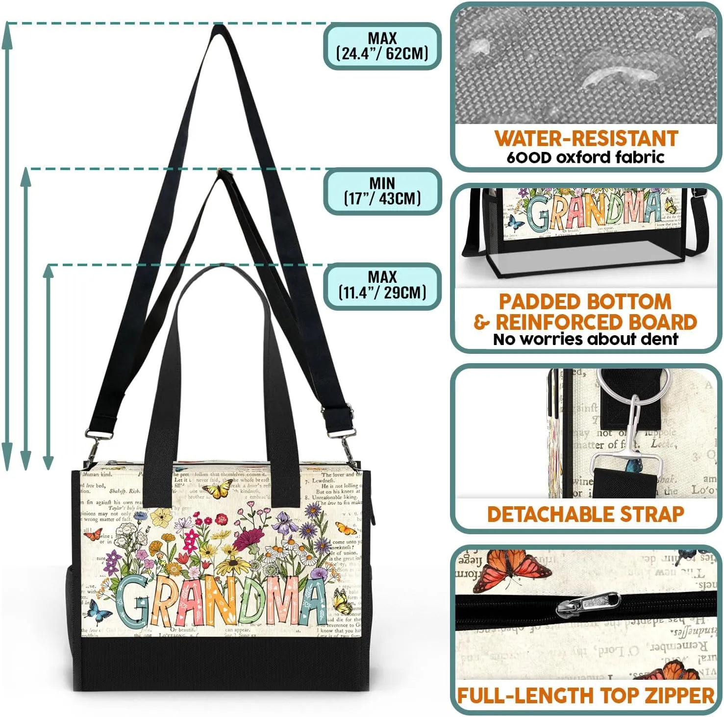 84hoods Large Tote Bag for Women. Waterproof Bag with Pockets and Zipper for Travel, Work, Grocery. Gift for Grandma.
