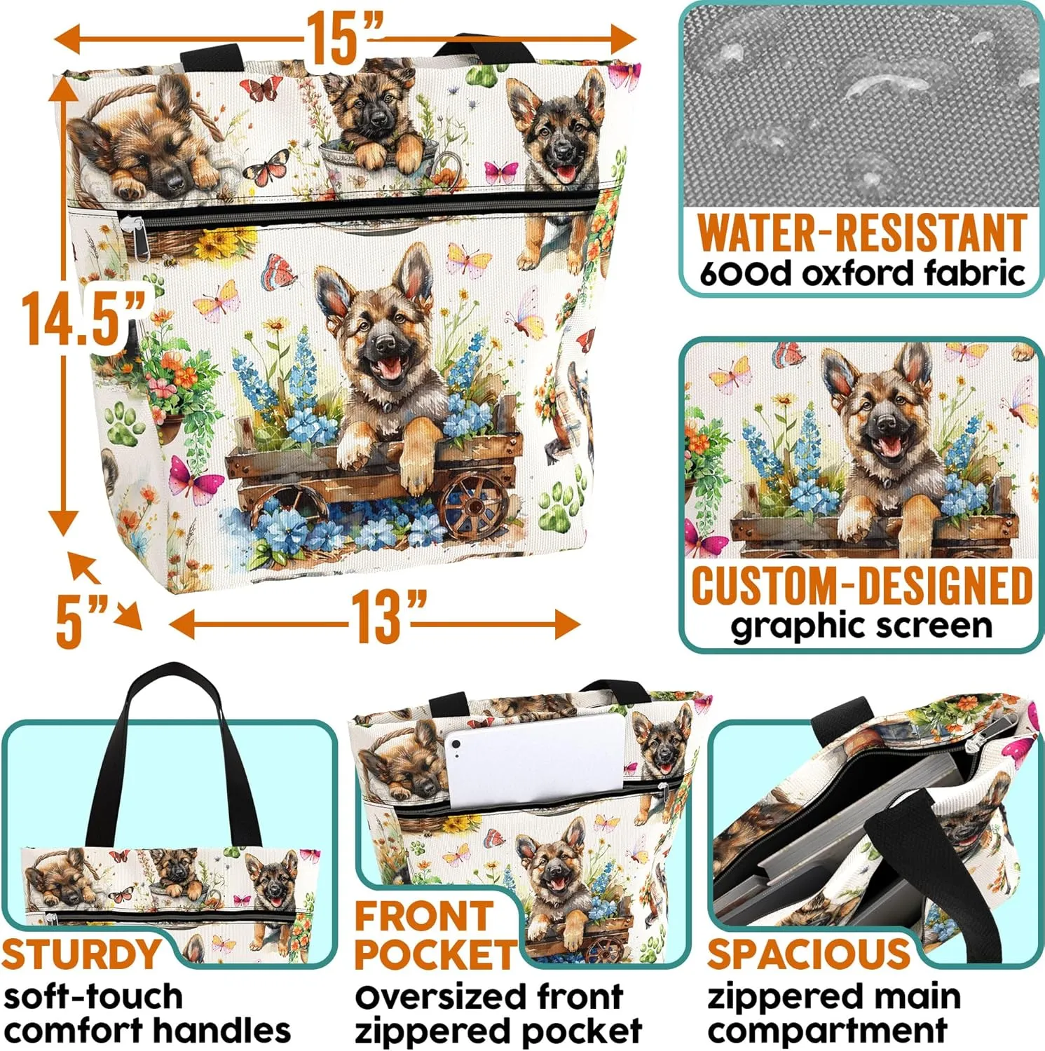 84hoods Large Tote Bag for Work for Women. Gift for German Shepherd Lovers and Owners. Bag with Pockets and Zipper.