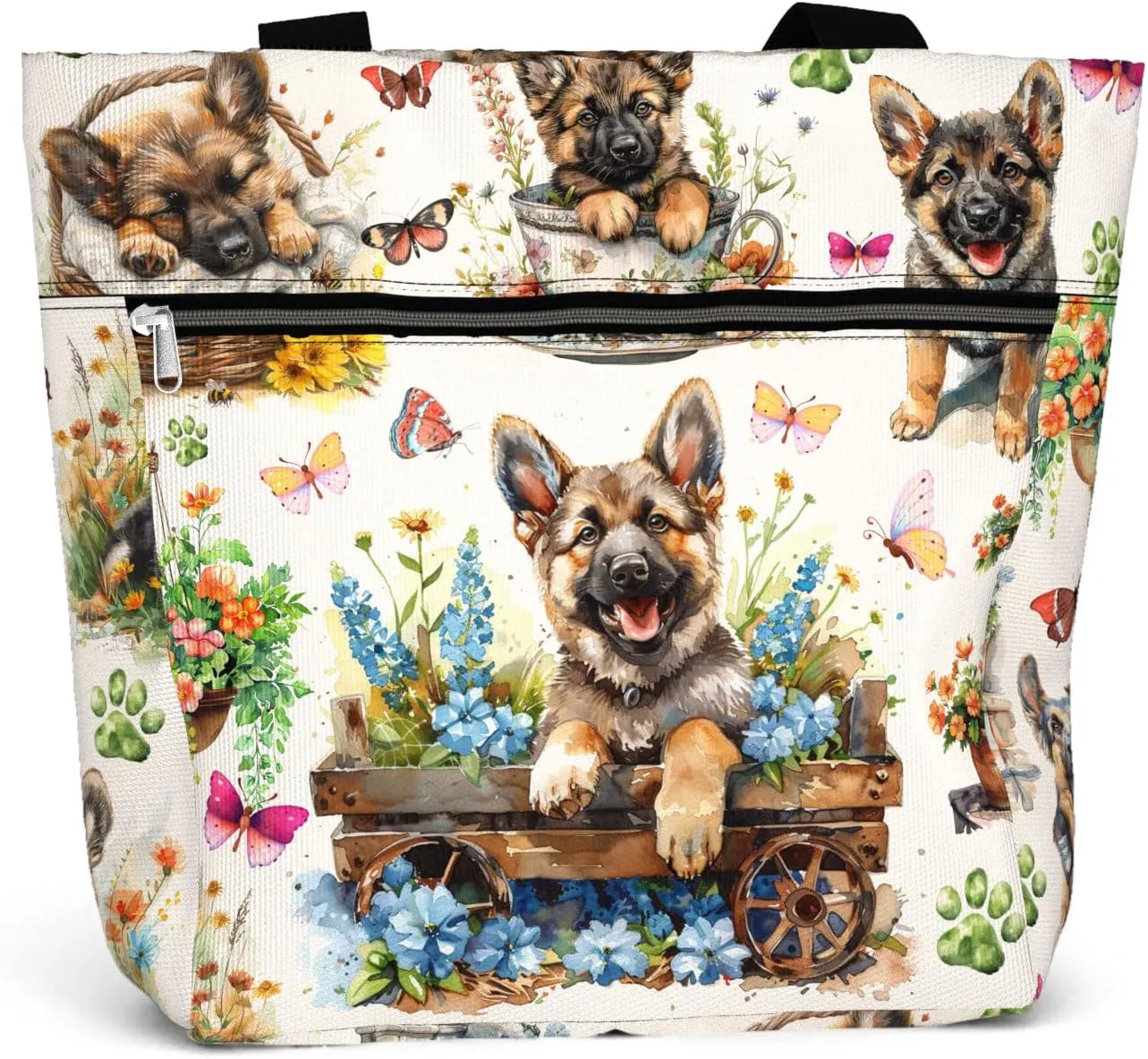 84hoods Large Tote Bag for Work for Women. Gift for German Shepherd Lovers and Owners. Bag with Pockets and Zipper.
