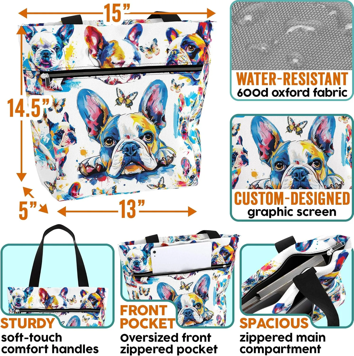 84hoods Large Waterproof Tote Bag for Work with Pockets and Zipper for Women. Gift for French Bulldog Lover, Frenchie Owner.