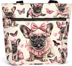 84hoods Large Waterproof Tote Bag for Work with Pockets and Zipper for Women. Gift for French Bulldog Lover, Frenchie Owner.