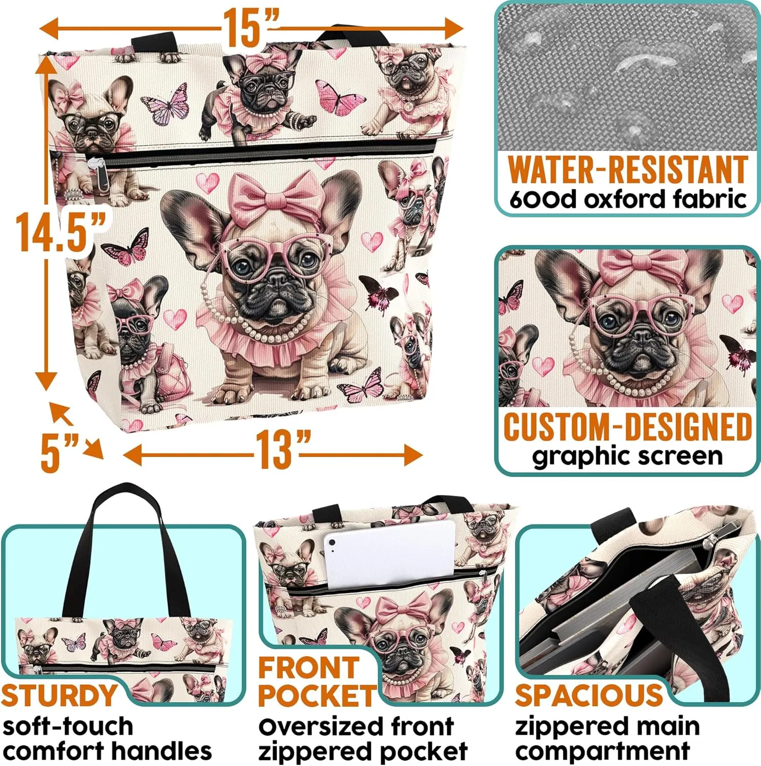 84hoods Large Waterproof Tote Bag for Work with Pockets and Zipper for Women. Gift for French Bulldog Lover, Frenchie Owner.