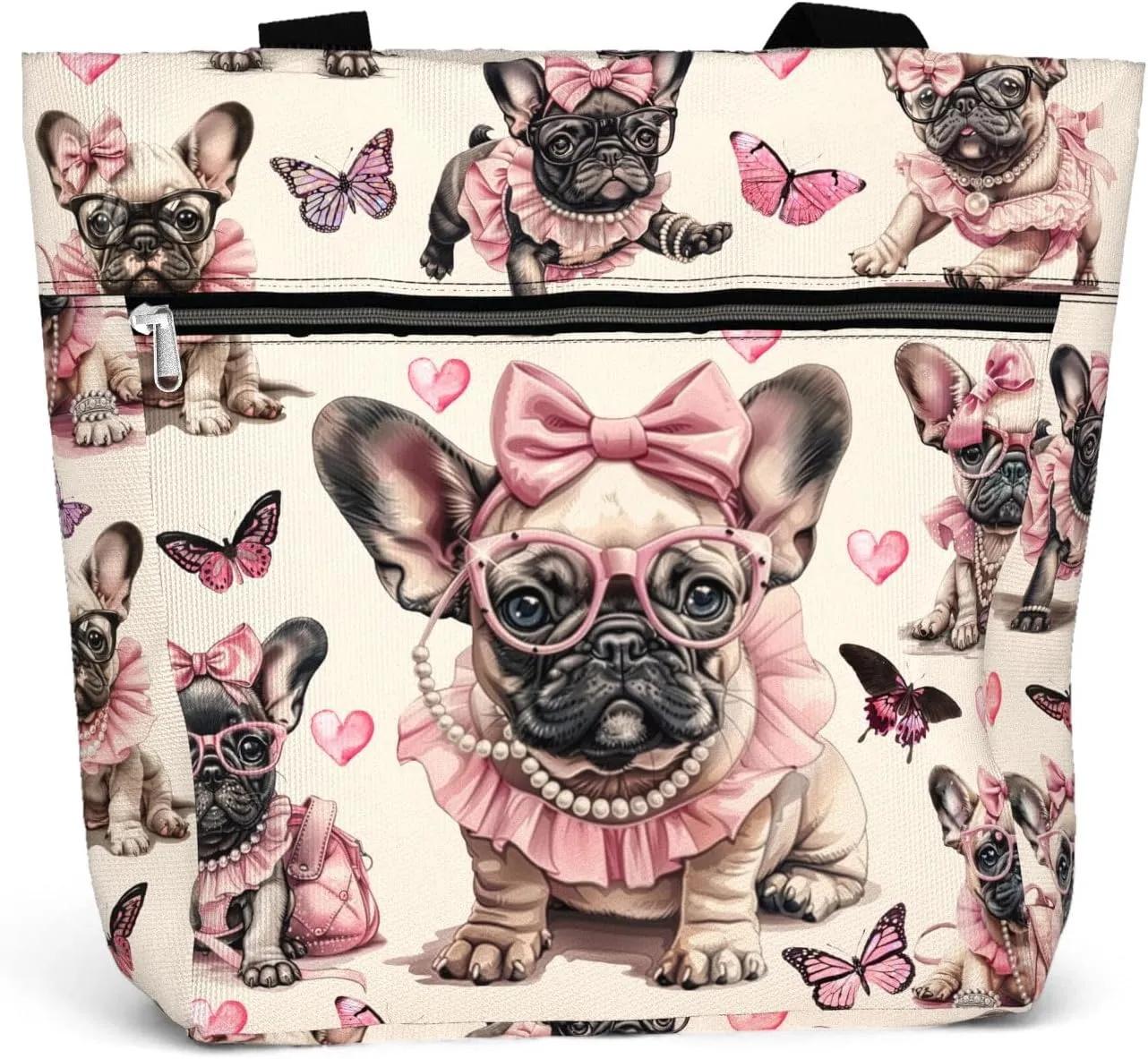 84hoods Large Waterproof Tote Bag for Work with Pockets and Zipper for Women. Gift for French Bulldog Lover, Frenchie Owner.