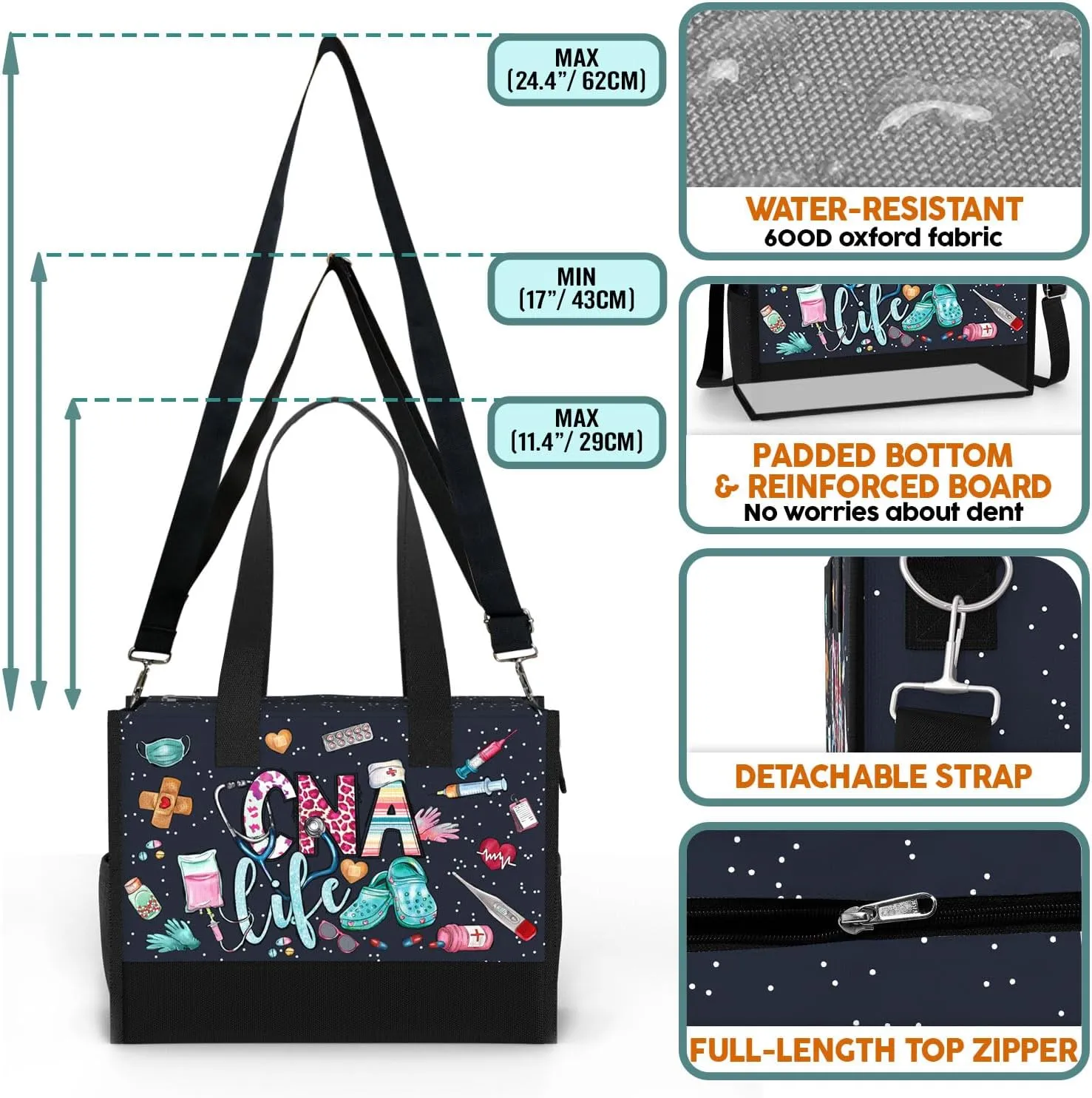 84hoods Large Waterproof Tote Bag with Pockets and Zipper for Travel, Work, Grocery. Gift for CNA.