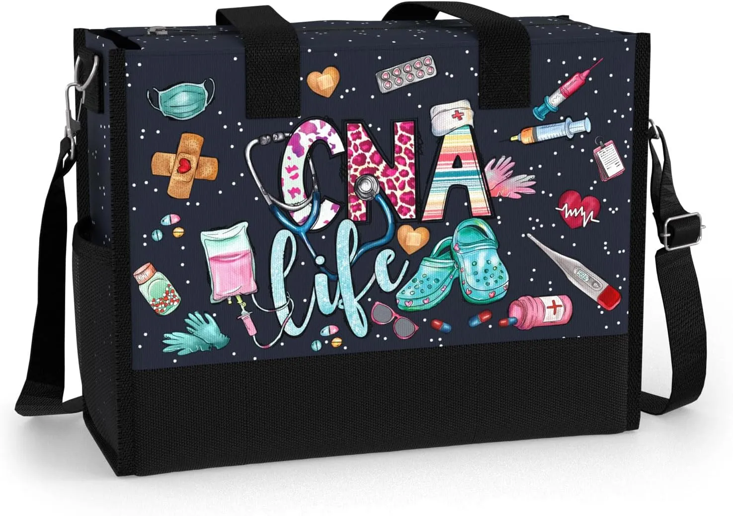 84hoods Large Waterproof Tote Bag with Pockets and Zipper for Travel, Work, Grocery. Gift for CNA.