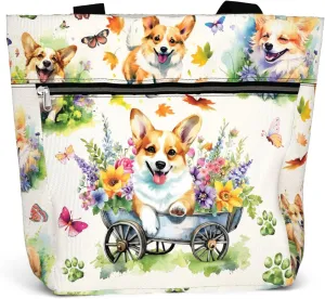 84hoods Large Waterproof Tote Bag with Pockets and Zipper for Work for Women. Gift for Corgi Lovers and Owners.