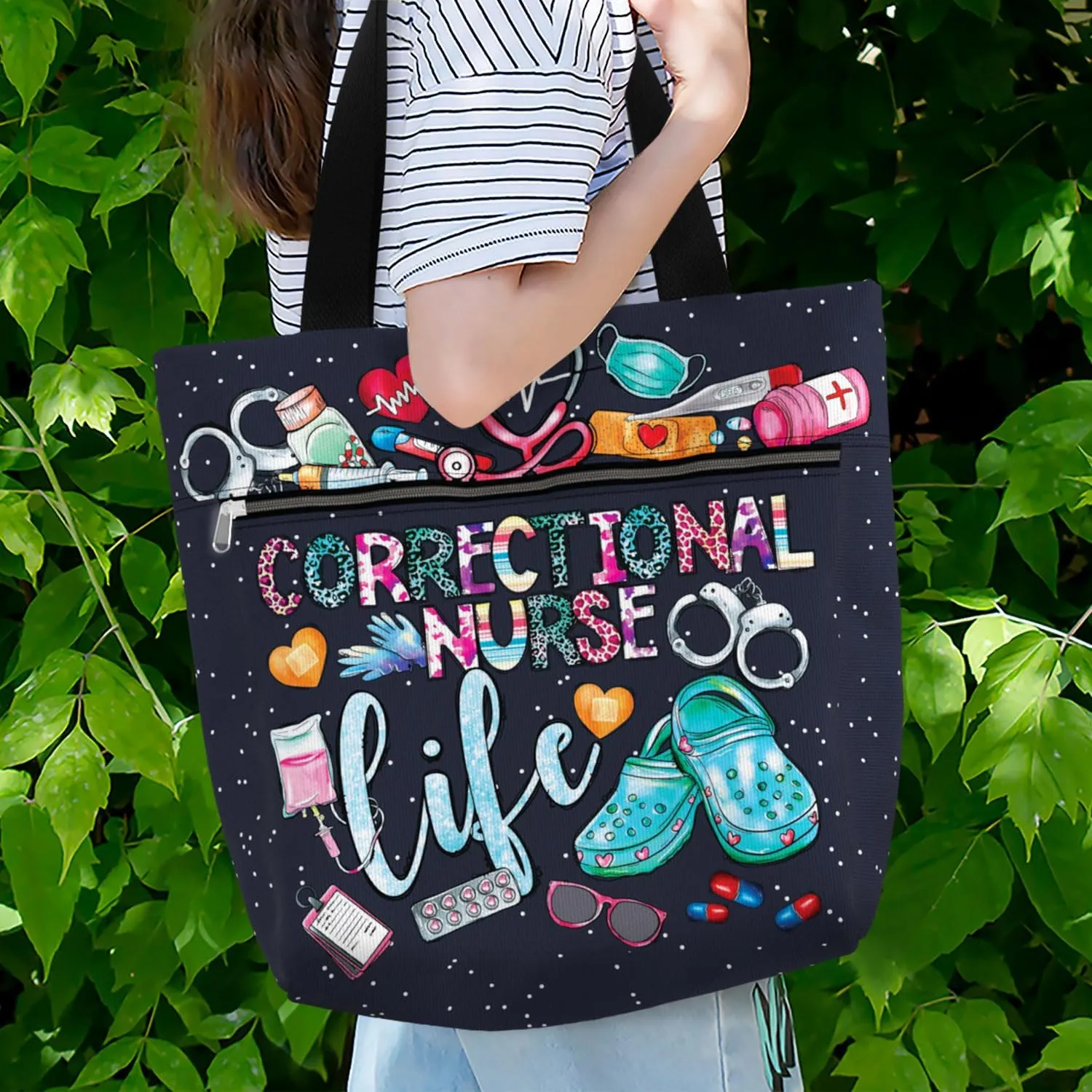 84hoods Large Waterproof Tote Bag with Pockets and Zipper for Work. Gift for Nurse. Shoulder Bag for Women.